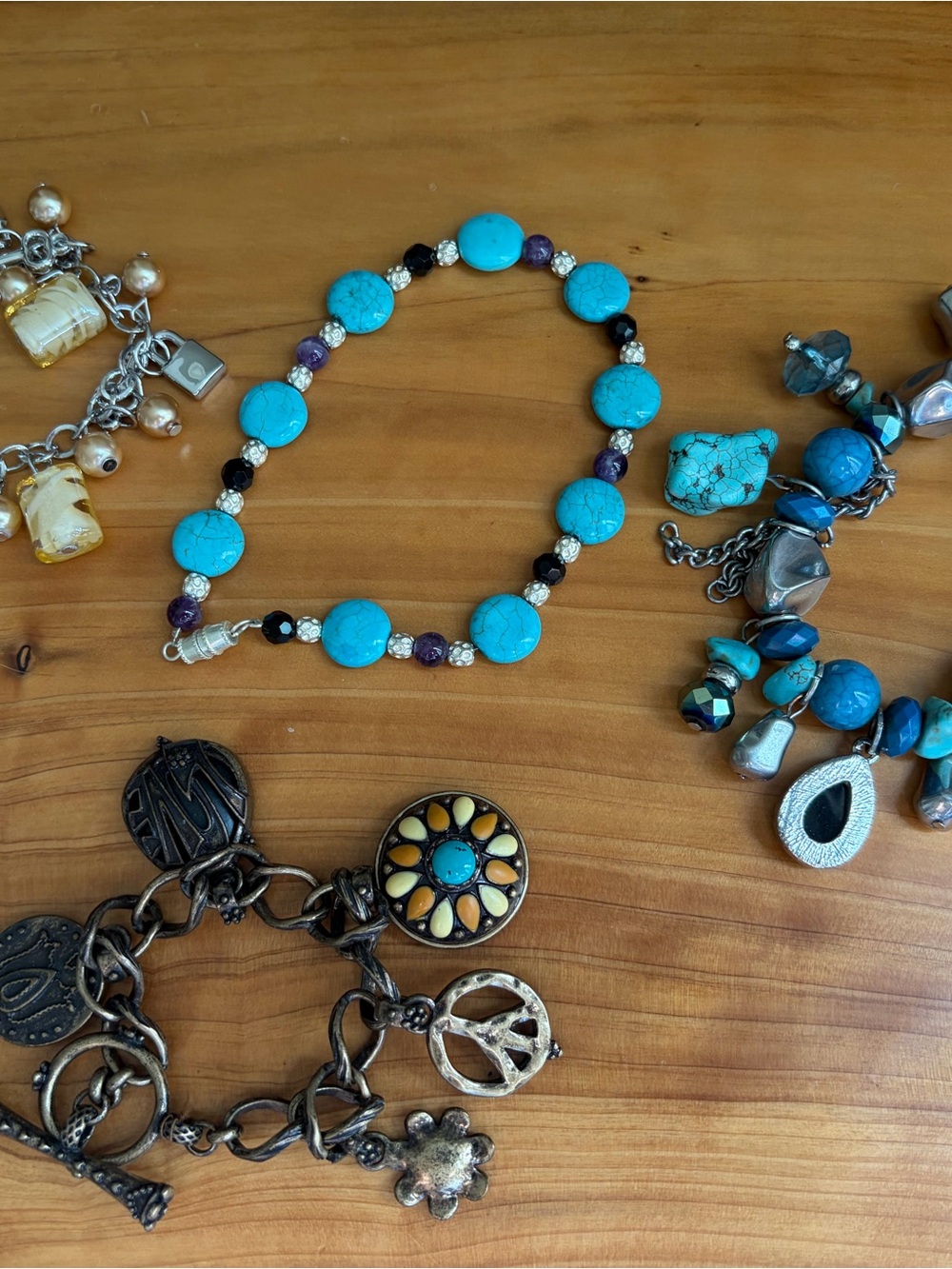 Four Charm Bracelets, Turquoise, Silver, Flower and Yellow Glass